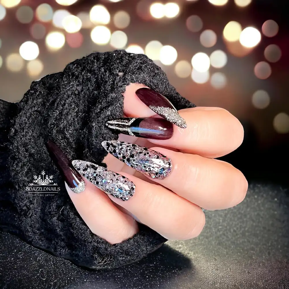 black and silver nails