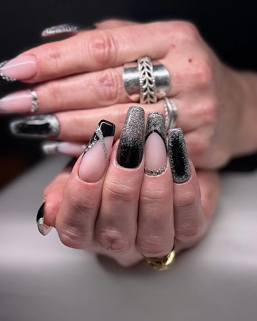 black and silver nails