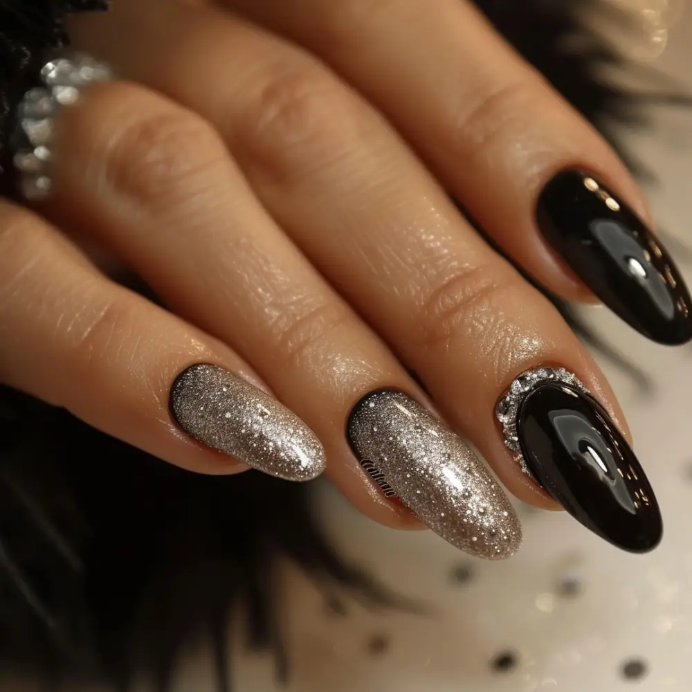 black and silver nails